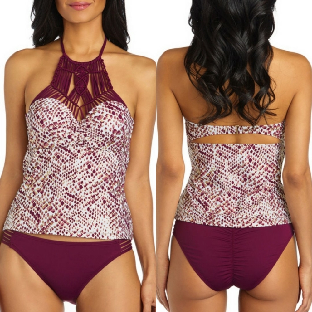 Ambrielle Snakeskin Maroon Gold Macrame Tankini